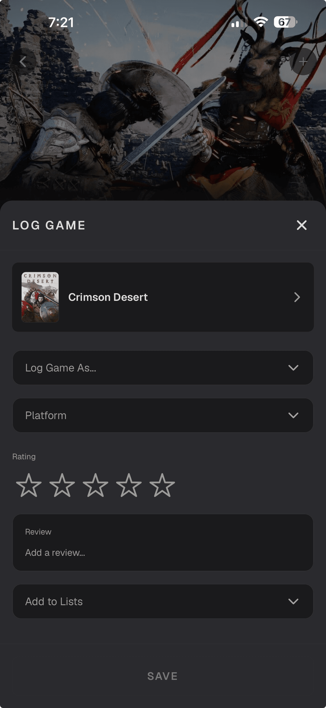 Log game modal with rating and review